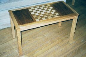 Red Oak Coffee Table, Book Matched Teak Inlay tables tops, maple & teak chess board